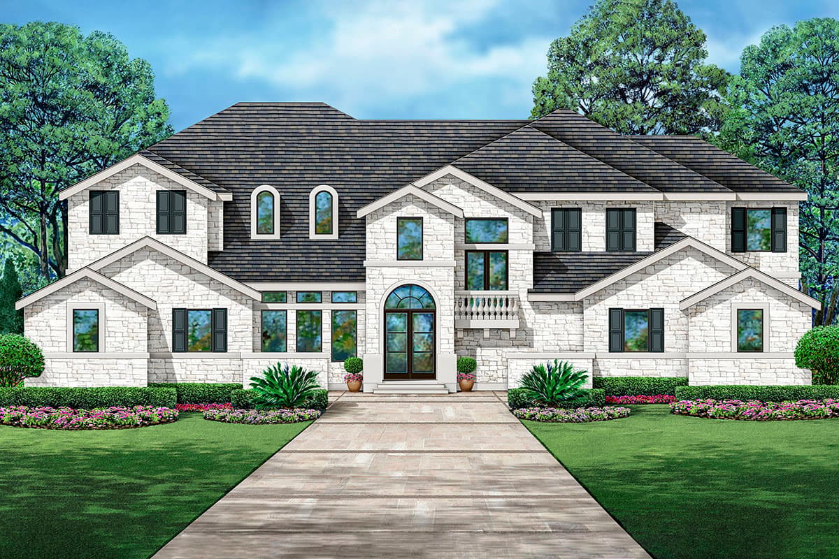 House plan exterior. Two-story home with a stone facade, multiple gables, arched entry door, and a multi-section roof.