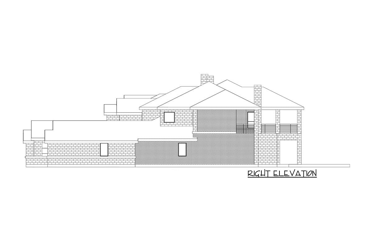 Right elevation house plan showing a two-story structure with a pitched roof, multiple gables, brick and textured wall sections, and a balcony.