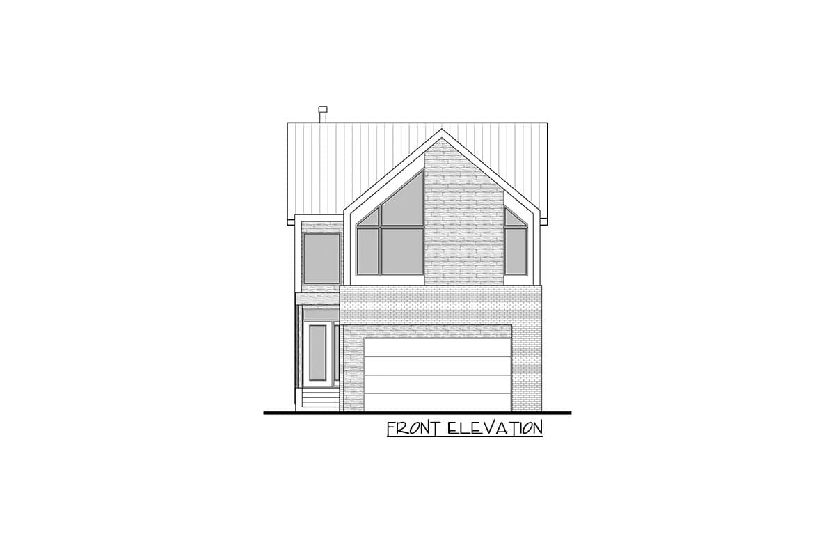 Front elevation drawing of a two-story house plan with a gabled roof, prominent windows, and an attached garage.