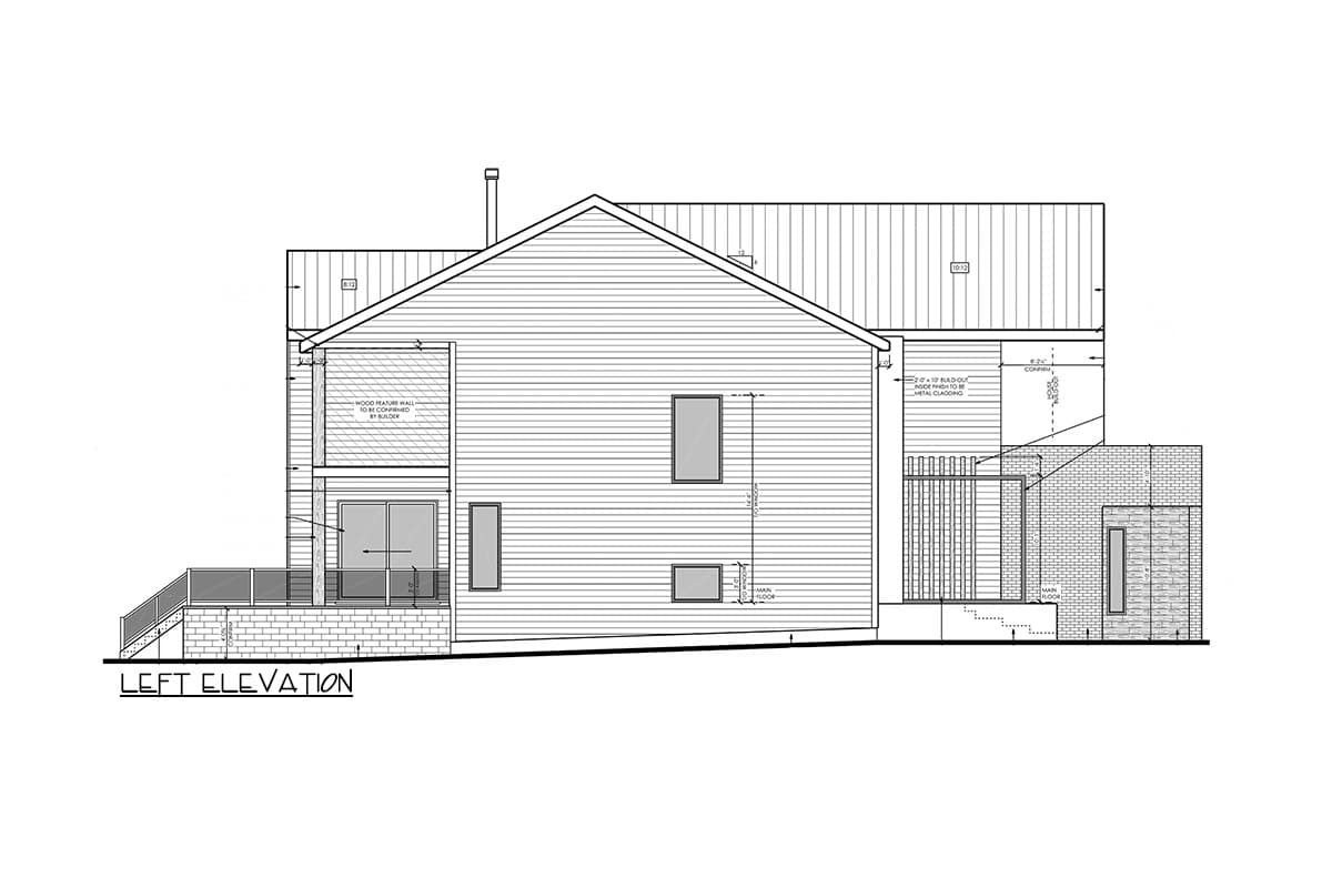 Left elevation house plan showing vinyl siding, wood feature wall, deck with glass railing, and brick accents.