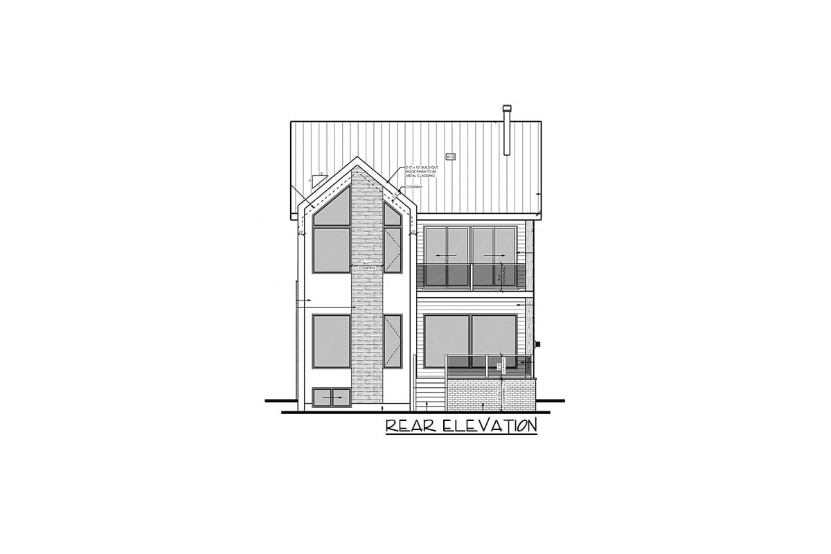 Rear elevation drawing of a two-story house with a gabled roof, prominent stone chimney, and multiple balconies.
