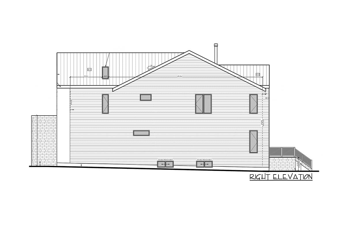 Right elevation house plan drawing showing a two-story house with a gabled roof, multiple windows, and a brick foundation.