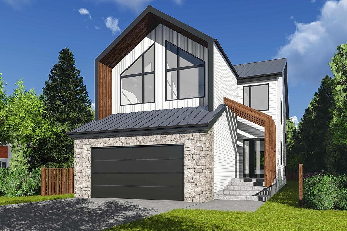 House plan exterior. Two-story Modern house with a metal roof, two-car garage, and a gable roofline. Stone accents and large windows.