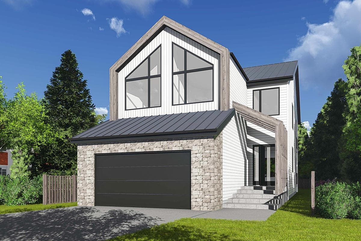 House plan exterior: Modern two-story home with stone base, metal roof, large gabled windows, and covered entryway.