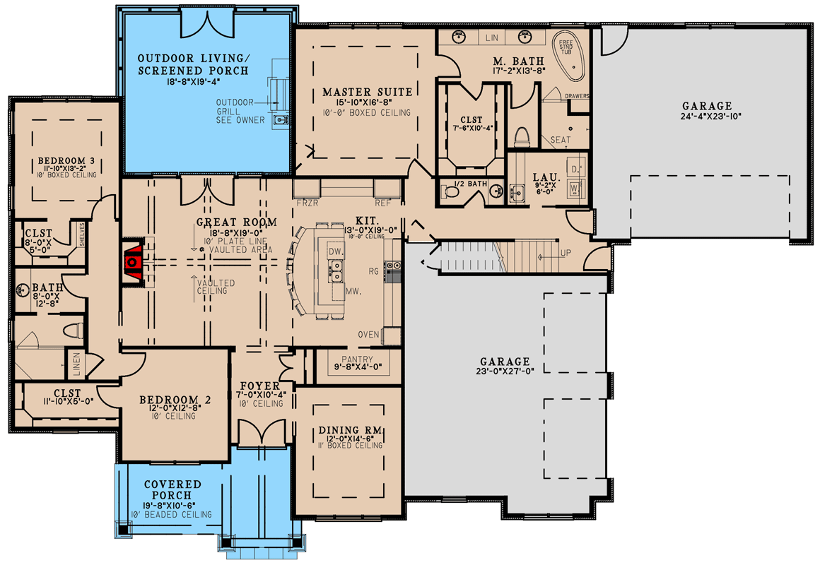 Plan 70795MK: 3-Bed Rustic Home Plan with 4-Car Garage and Expansion to Fourth Bedroom - 2340 Sq Ft - Floor Plan - Main Level - Country, Craftsman, European, Hill Country, Ranch, Southern