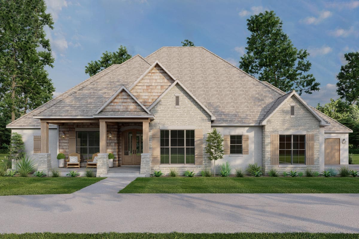 House plan exterior. Ranch style with stone and shingle facade. Features include a covered porch, gabled roof, and wood shutters.