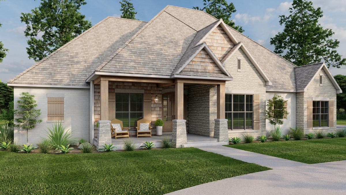 House plan exterior featuring a covered front porch with stone pillars, stone and brick accents, and multiple gables.
