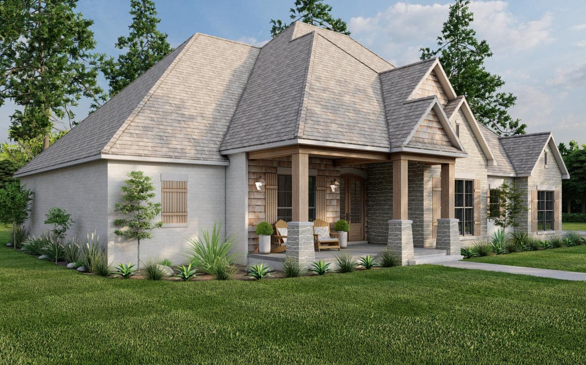 House plan exterior: Traditional style, single-story, with covered porch, stone accents, multiple gables, and wood shutters.