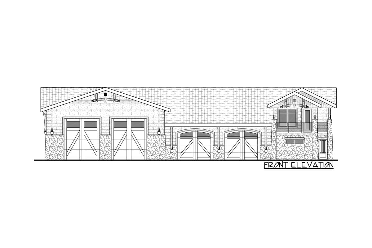 Front elevation drawing of a house plan featuring five garage doors, stone accents, and an upper-level balcony.
