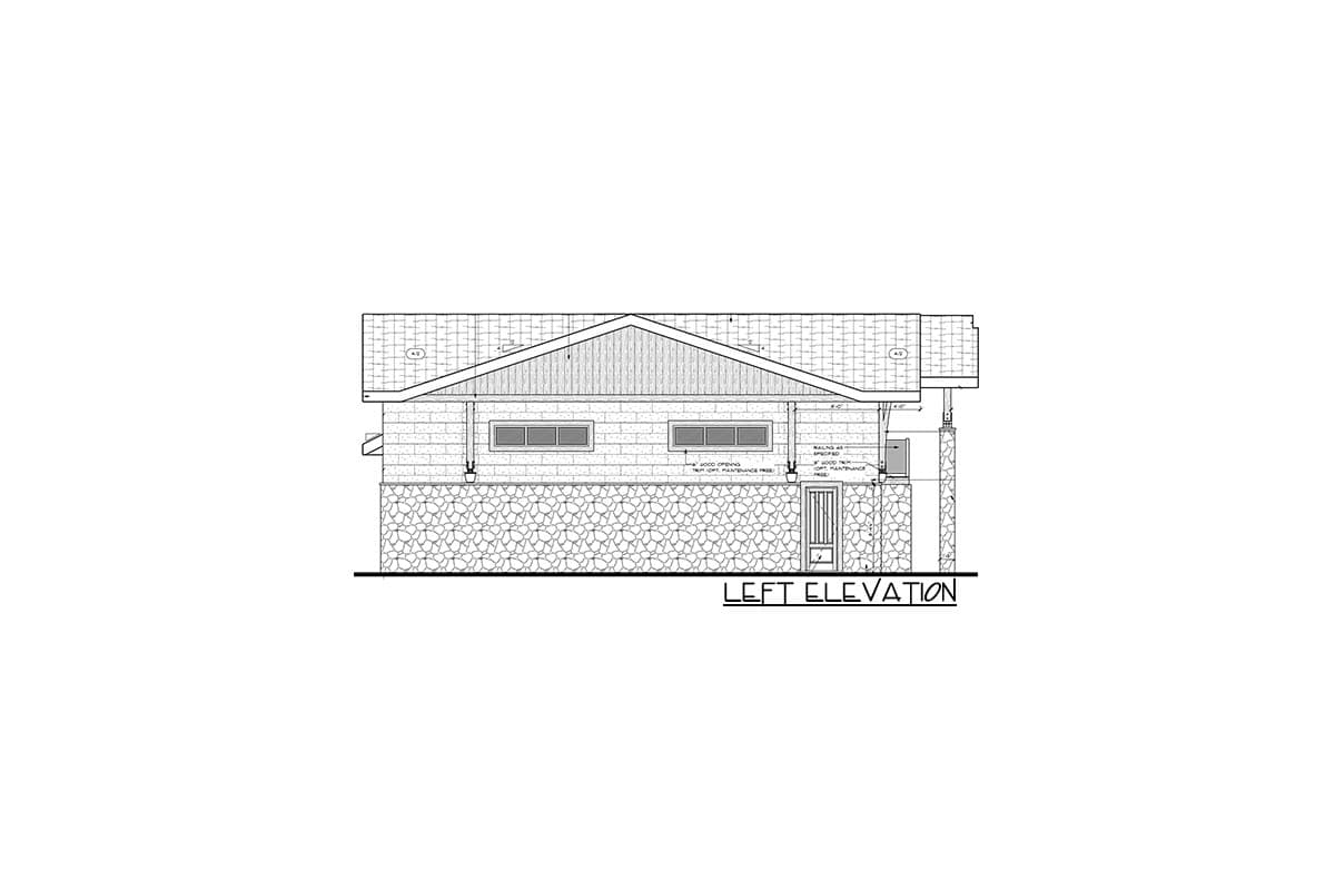 Left elevation house plan showing a single-story building with a gable roof, stone foundation, and two horizontal windows.