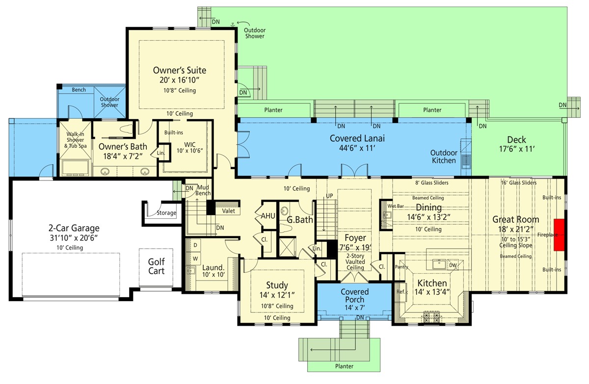 Plan 33251ZR: 4 Bed Coastal Style House Plan Under 3500 Square Feet with Covered Lanai - Floor Plan - Main Level - Coastal, Craftsman, Florida-Style, Low Country, New American