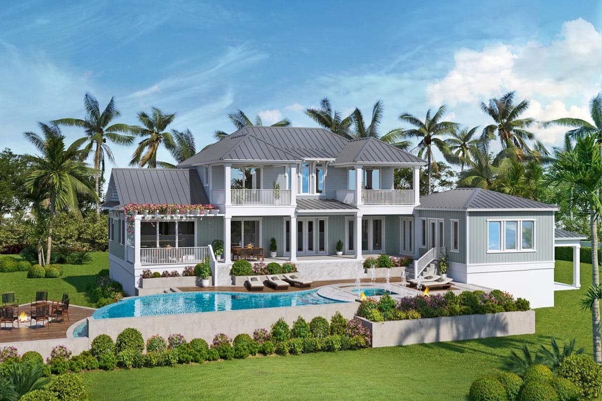 House plan exterior: Two-story modern home with multiple gables, balconies, and a metal roof, adjacent to a swimming pool.