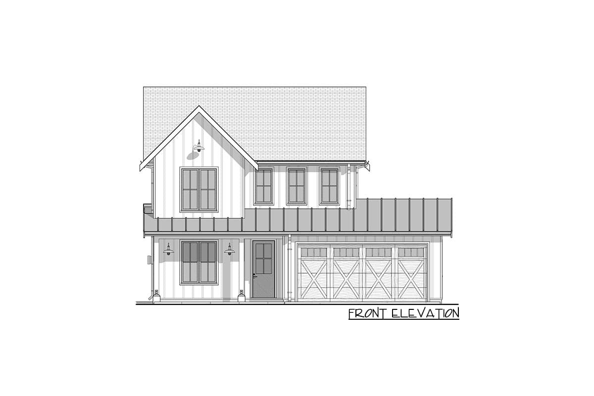 Line drawing of a two-story house with a gabled roof and garage. The front elevation showcases windows, a front door, and a garage door.