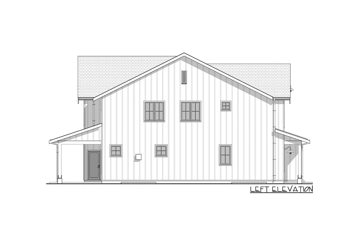 Architectural drawing of a two-story house, side view. Features a gable roof, vertical siding, and multiple rectangular windows, labeled 'LEFT ELEVATION'.