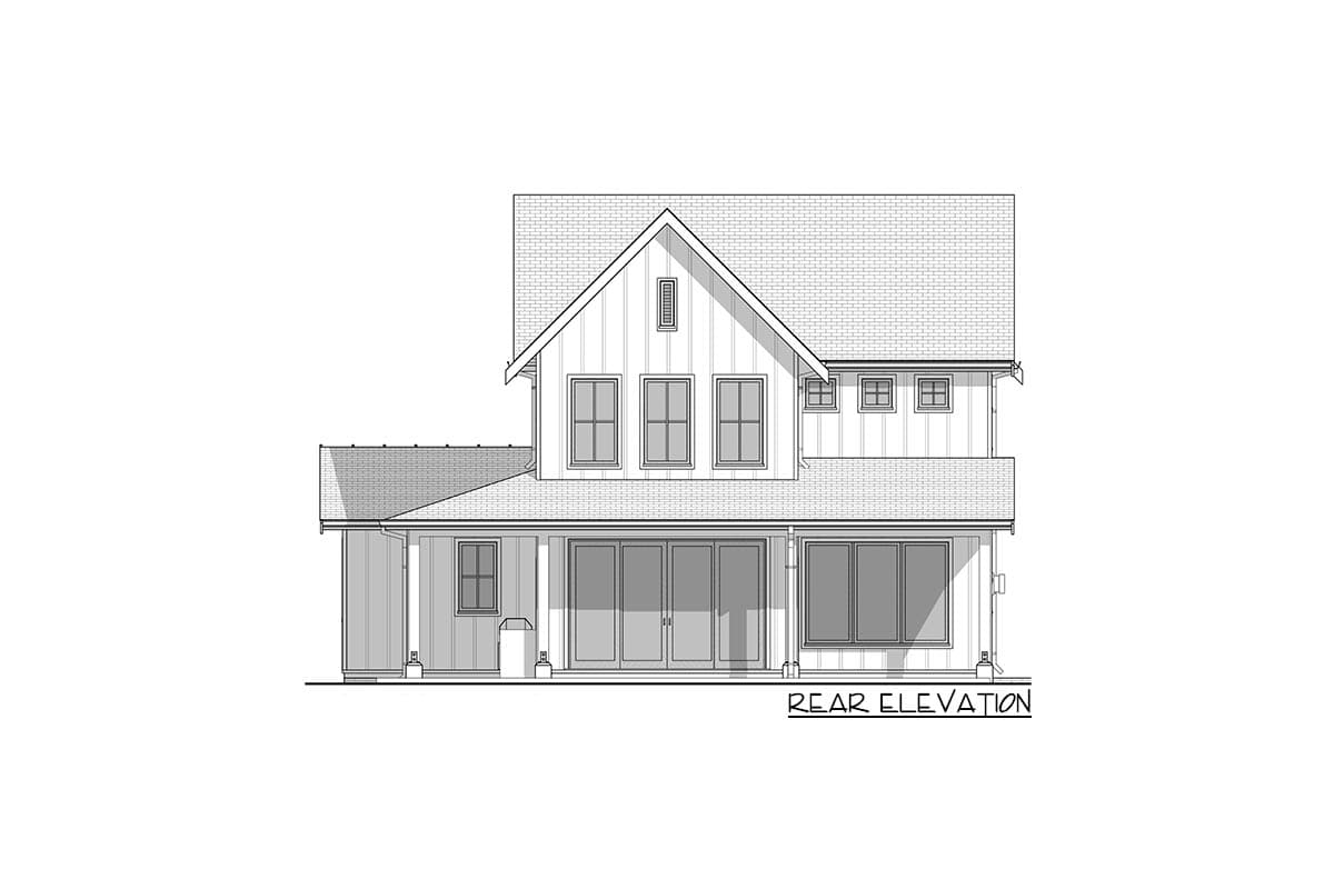 A rear elevation architectural drawing of a two-story farmhouse, featuring a gabled roof and a covered porch with large sliding glass doors.