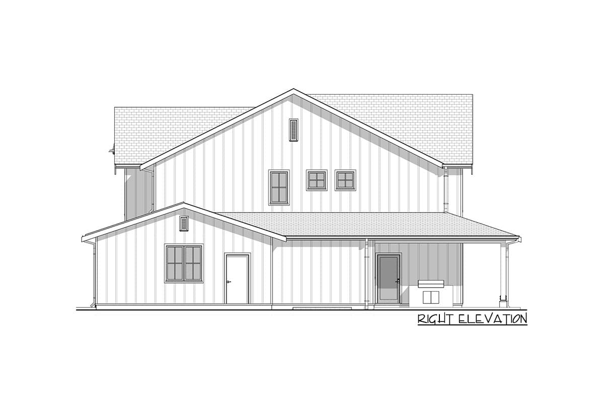Line drawing of the right elevation of a two-story house. Features include a gabled roof, vertical siding, multiple windows, and a covered porch area.