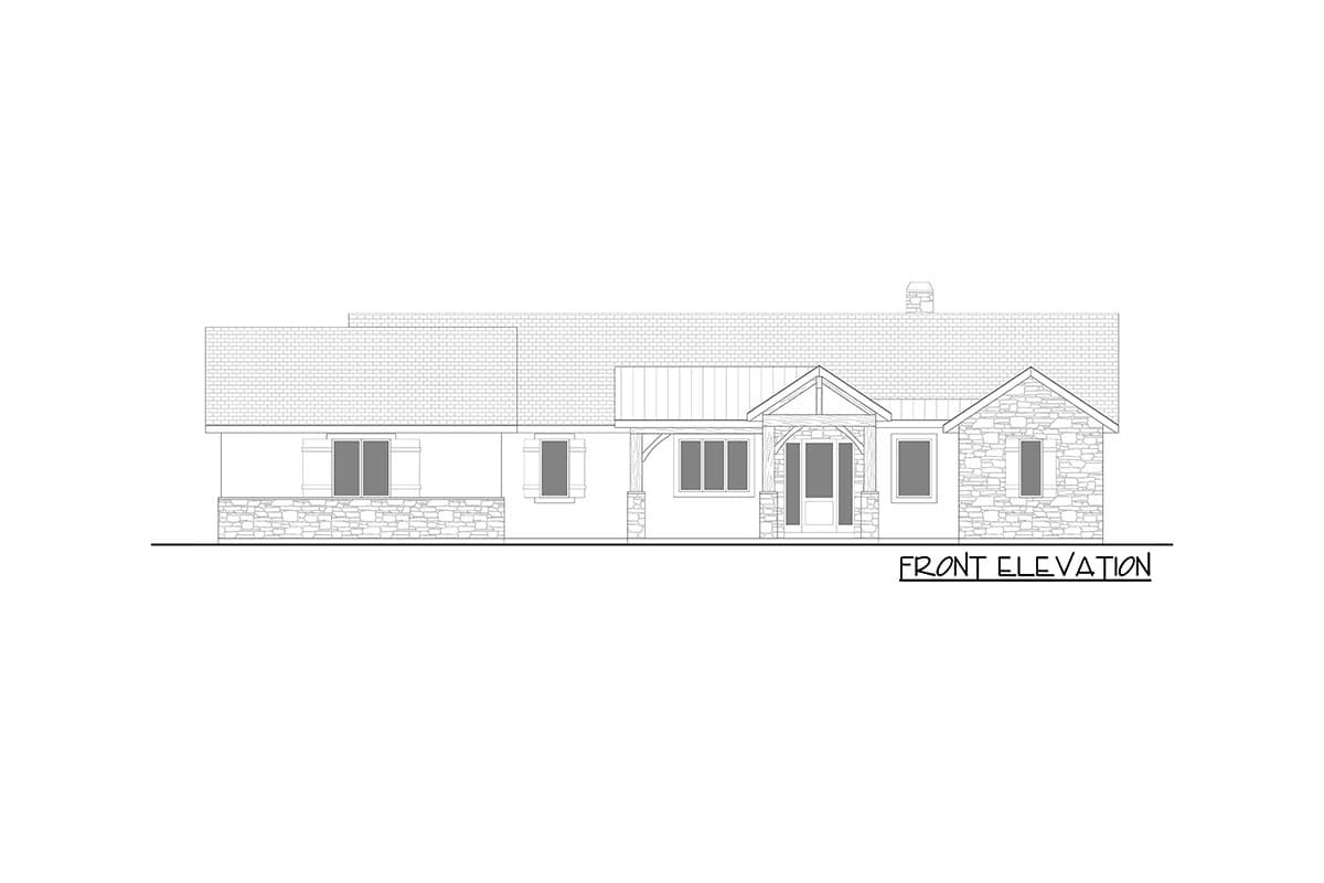 Front elevation drawing of a one-story house with stone accents, a gabled covered entry with timber supports, and varied rooflines.