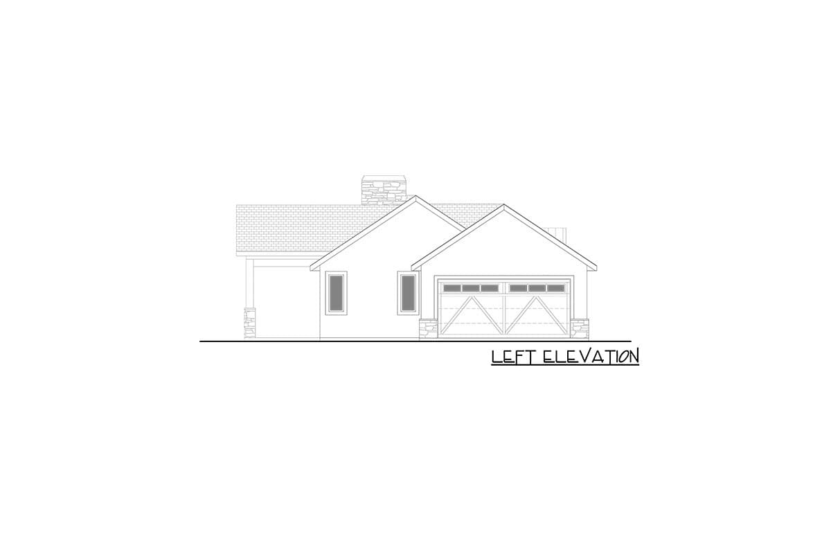 Left elevation drawing of a one-story house plan with attached garage, stone chimney, and decorative garage door.