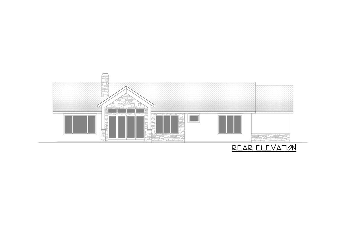 Rear elevation house plan showing a single-story home with a gable roof, stone chimney, and large glass doors.