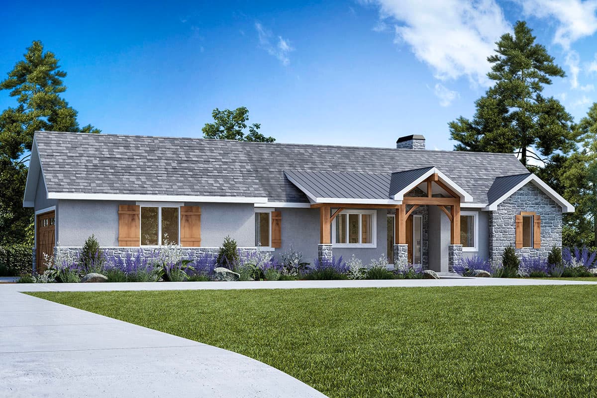 House plan exterior featuring a Ranch style home. Includes a covered front porch, stone accents, and varied rooflines. Single-story design.