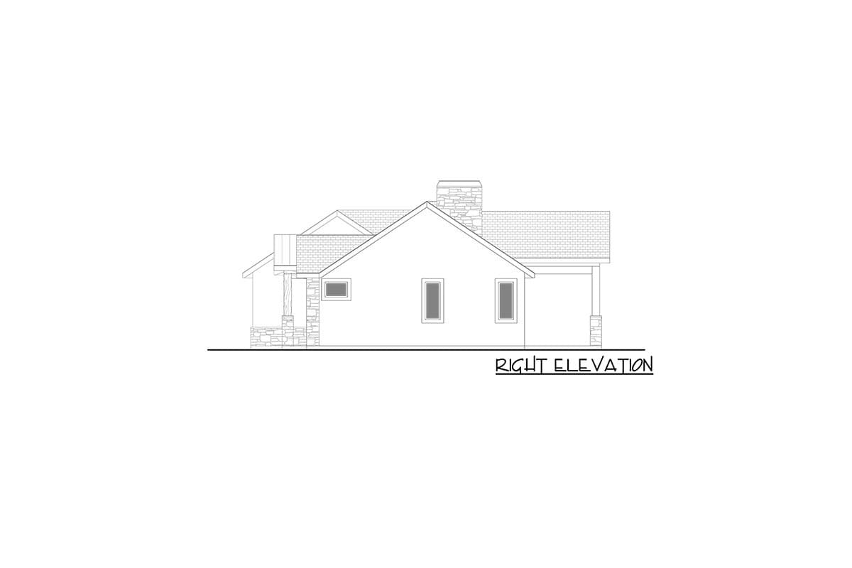 Right elevation house plan with stone accents, porch, gabled roof, and prominent chimney.
