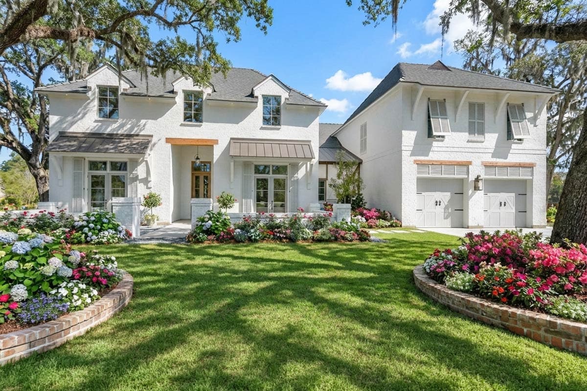 House plan exterior. Two-story home in a classic style with a gabled roof and a two-car garage. Features include dormers and a covered entry.