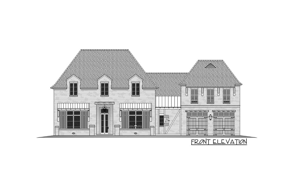 House plan exterior. Two-story French style house with gabled roof, dormers, and attached garage. Includes shutters and a covered entryway.