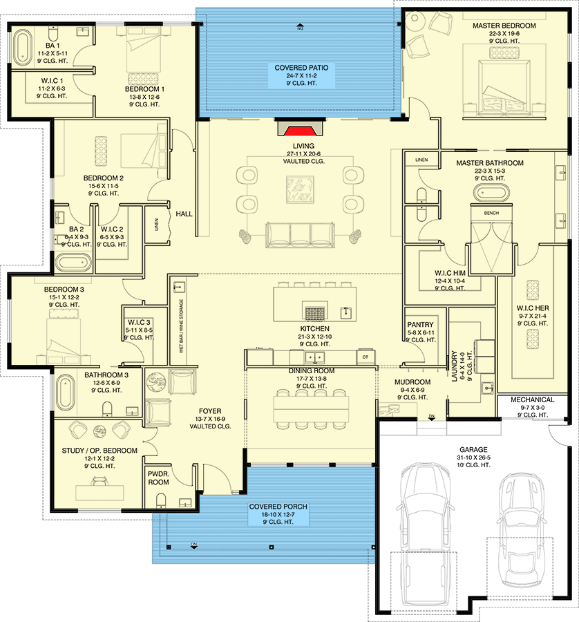 Plan 311037RMZ: 4100 Square Foot Modern Farmhouse Ranch with Large Dining Room - Floor Plan - Main Level - Country, Craftsman, Hill Country, Modern Farmhouse, Ranch, Transitional