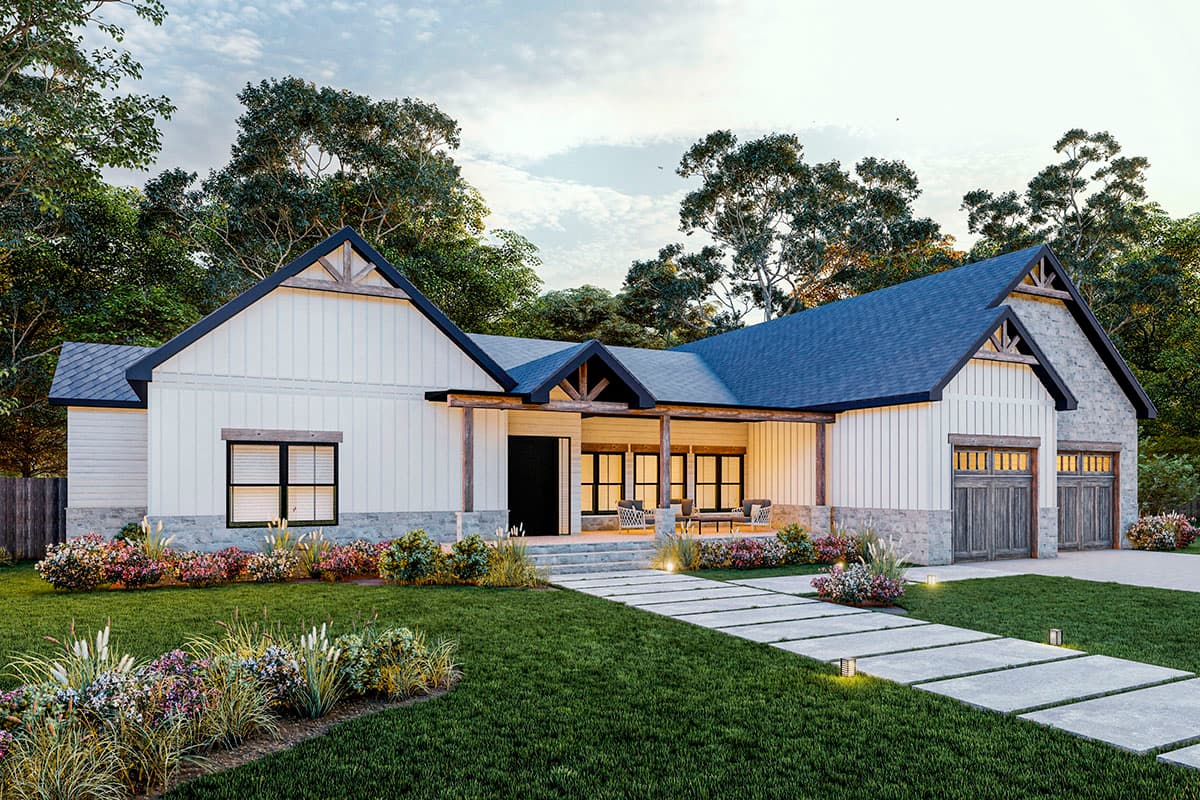 House plan exterior. Modern Farmhouse style with a single story, a covered porch, gabled rooflines, and a two-car garage.