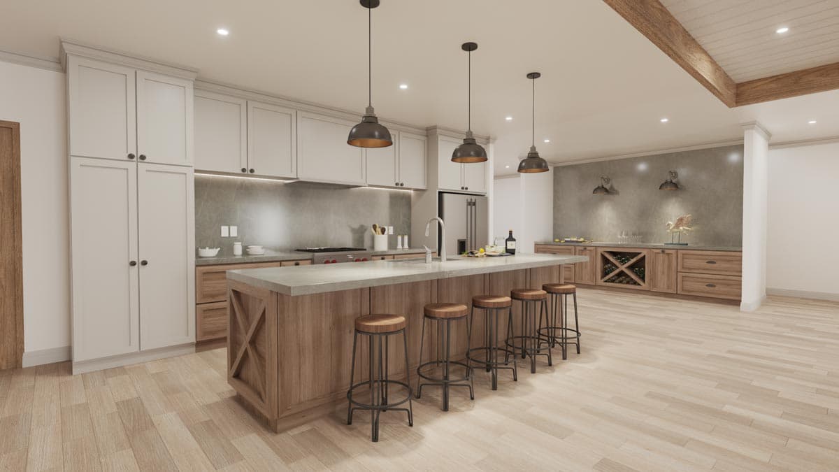 Kitchen with large island, wood cabinetry, concrete countertops, and pendant lighting. Visible beverage center with wine rack.