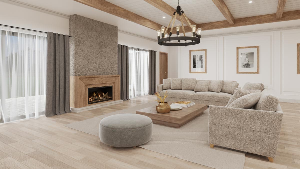 Living room with stone fireplace, exposed wood beams, sectional sofa, and large coffee table. Interior rendering.