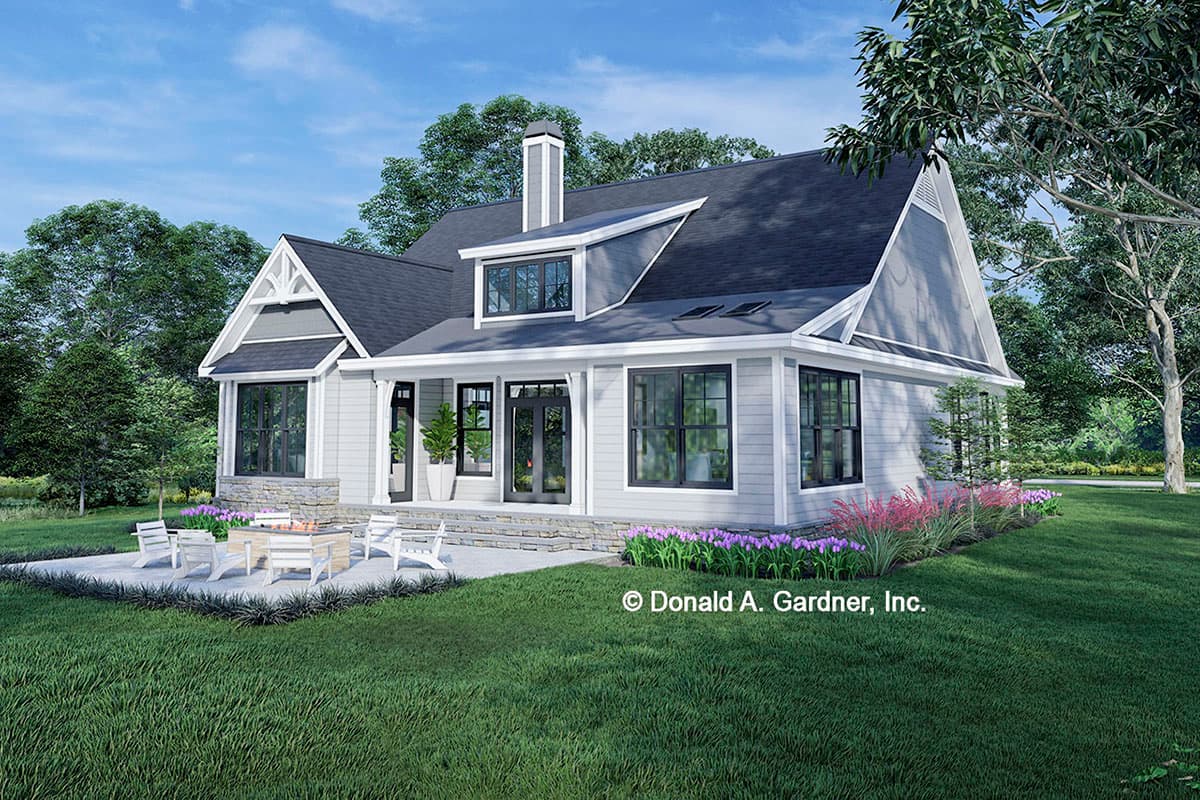 House plan exterior: Modern Farmhouse style, two stories, multiple gables, dormer, prominent chimney, and covered entry.