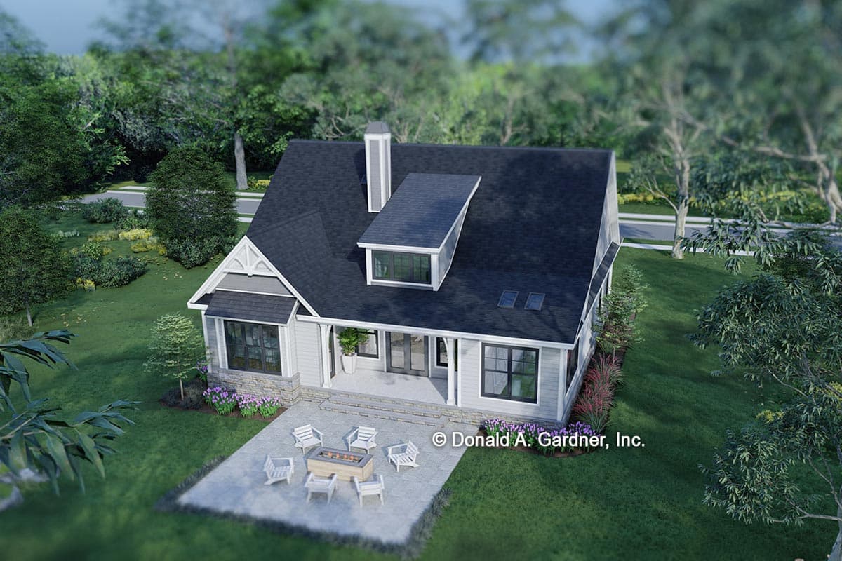 House plan exterior rendering: two-story Modern Farmhouse with gabled dormer, stone accents, porch, and side-facing garage.