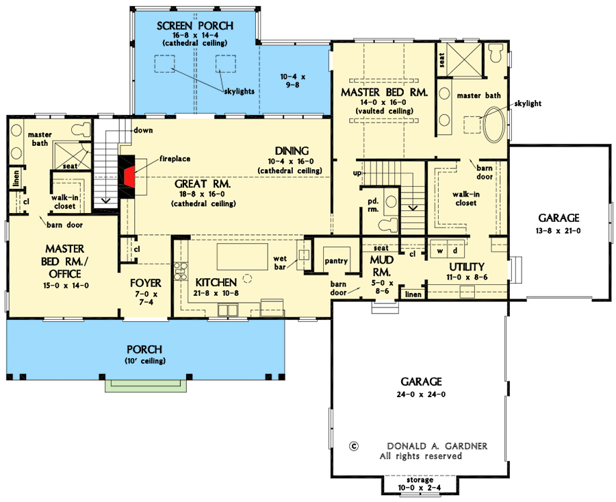 Plan 444356GDN: Modern Farmhouse for a Hillside Lot with Two Master Suites and Bonus Expansion - Floor Plan - Main Level - Country, Farmhouse, Modern Farmhouse