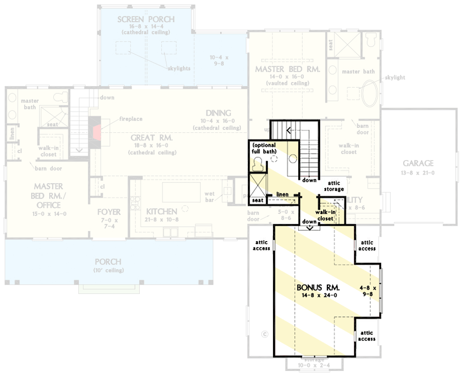 Plan 444356GDN: Modern Farmhouse for a Hillside Lot with Two Master Suites and Bonus Expansion - Floor Plan - Optionally Finished Bonus Room - Country, Farmhouse, Modern Farmhouse