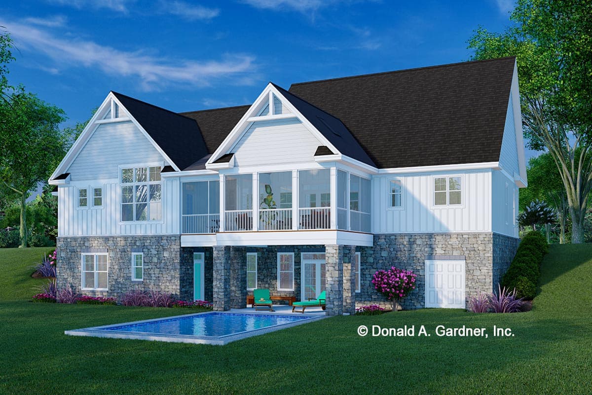 House plan exterior: Two-story Modern Farmhouse with stone base, gabled dormers, and screened porches.