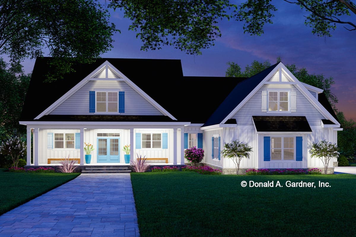 House plan exterior: Modern Farmhouse style, two stories, white siding, deep front porch, gables, and blue shutters.