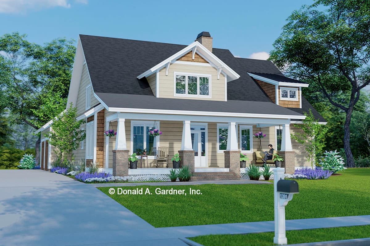 House plan exterior featuring a Craftsman style. Two-story home with a front porch, gables, and dormers. Garage appears to be side-facing.