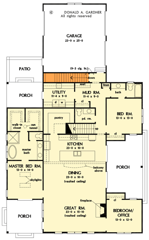 Plan 444359GDN: Barndo-style House Plan Under 3000 Square Feet with Bonus Above Garage - Floor Plan - Main Level - Basement Stairs Location - Barndominium, Country, Farmhouse, Modern Farmhouse