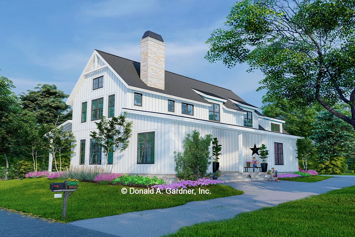 House plan exterior. Two-story Modern Farmhouse with gables, dormers, and a prominent chimney. Features a front porch and a dark roofline.