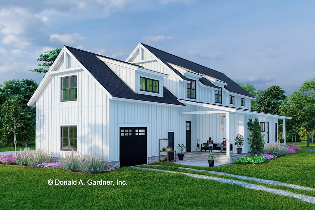 Modern Farmhouse house plan exterior with white board-and-batten siding, gables, dormers, covered porch, and side-entry garage.