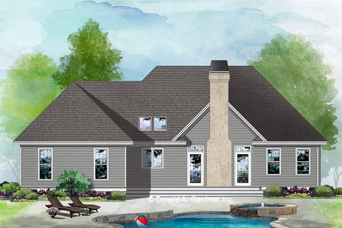 House plan exterior: Ranch style, single-story, large chimney, dormer windows, and wide siding.