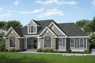 Craftsman Ranch Home Plan Under 1500 Square Feet with 2-Car Side Garage