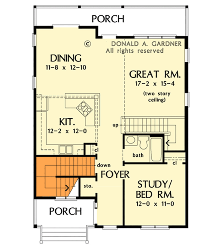 Plan 444362GDN: Waterfront Home Plan Under 1800 Square Feet for the Narrow Lot - Floor Plan - Main Level - Basement Stairs Location - Beach, Coastal, Low Country, Vacation
