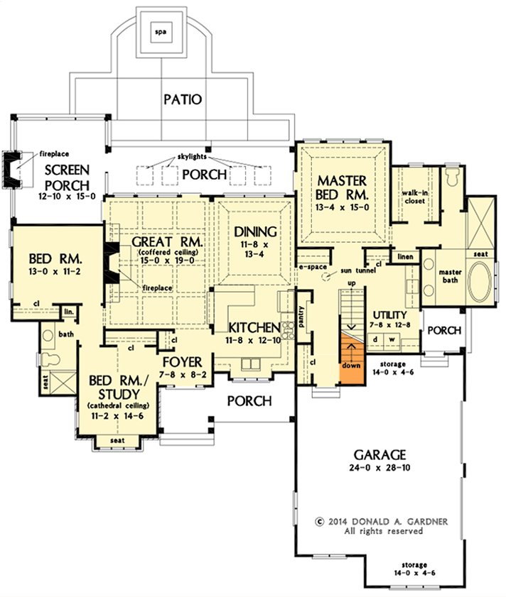 Plan 444364GDN: One-Story Craftsman Home Plan Under 2000 Square Feet with Outdoor Fireplace - Floor Plan - Main Level - Basement Stairs Location - Craftsman, Ranch, Traditional