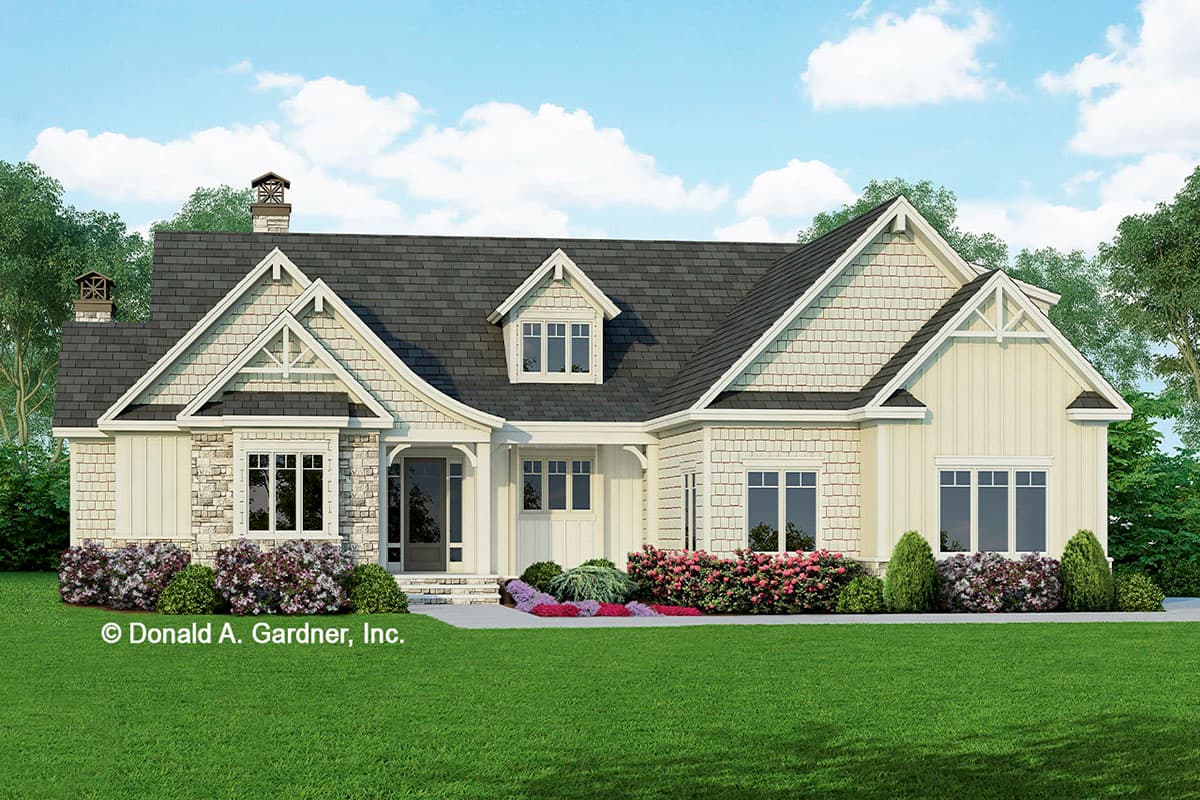 House plan exterior. Craftsman style, one story. Features include multiple gables, shake siding, and a covered porch with a front entry.