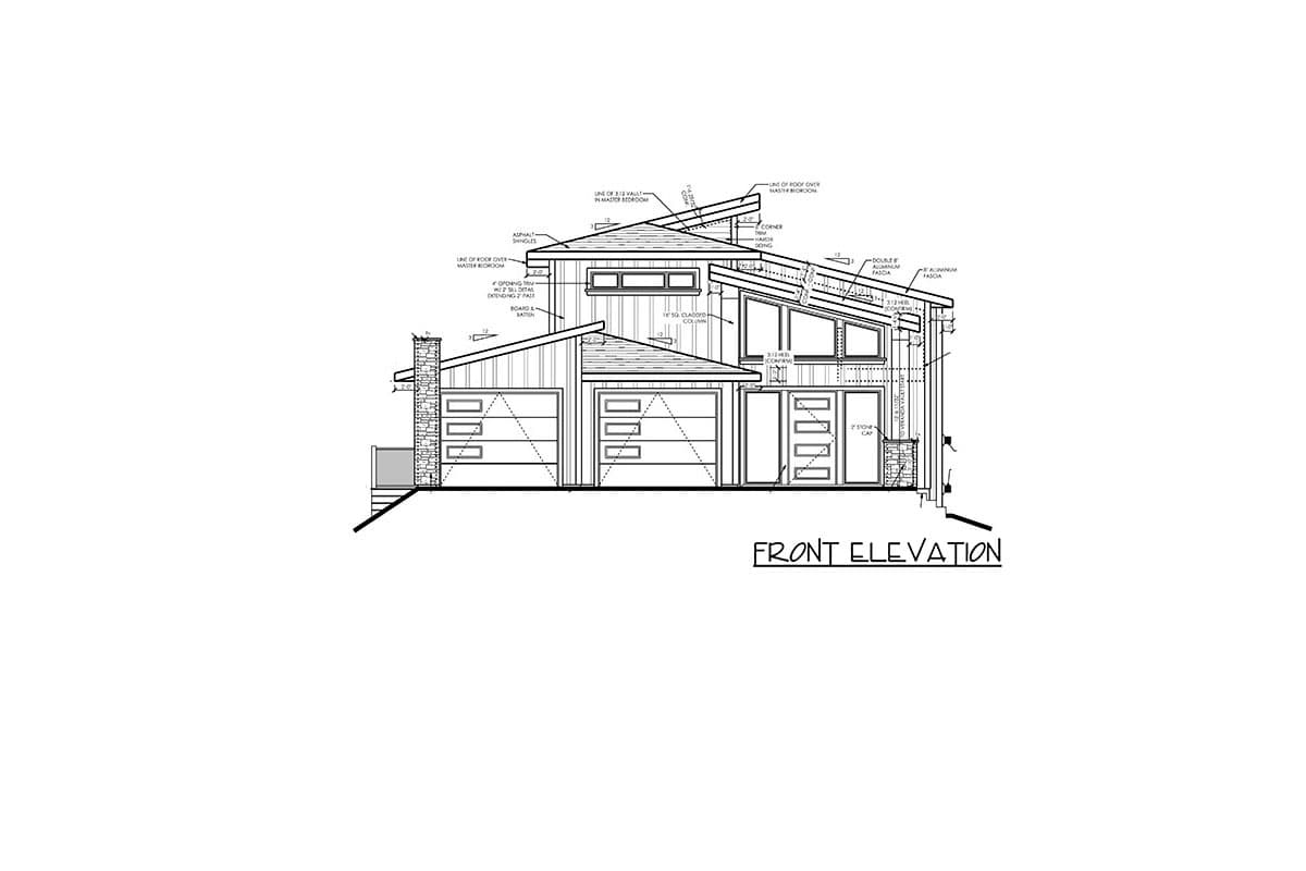 Front elevation drawing of a modern house with asymmetric rooflines, multiple garages, and large windows.