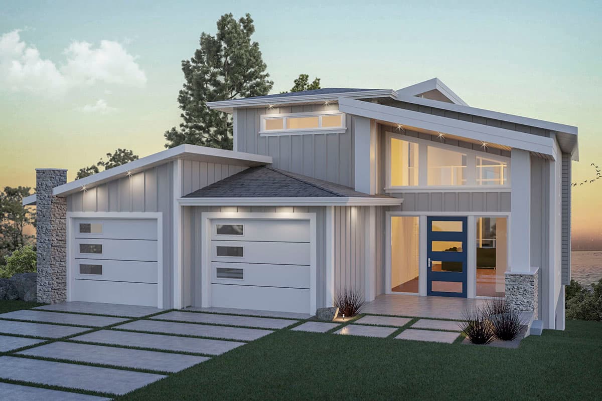 House plan exterior. Modern style, two-story home with a gabled roofline, stone chimney, and two-car garage. Features large windows and entry porch.