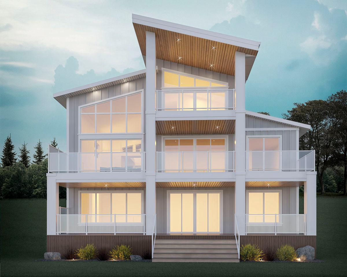 Modern house plan exterior with multiple levels, expansive glass windows, and cantilevered balconies.