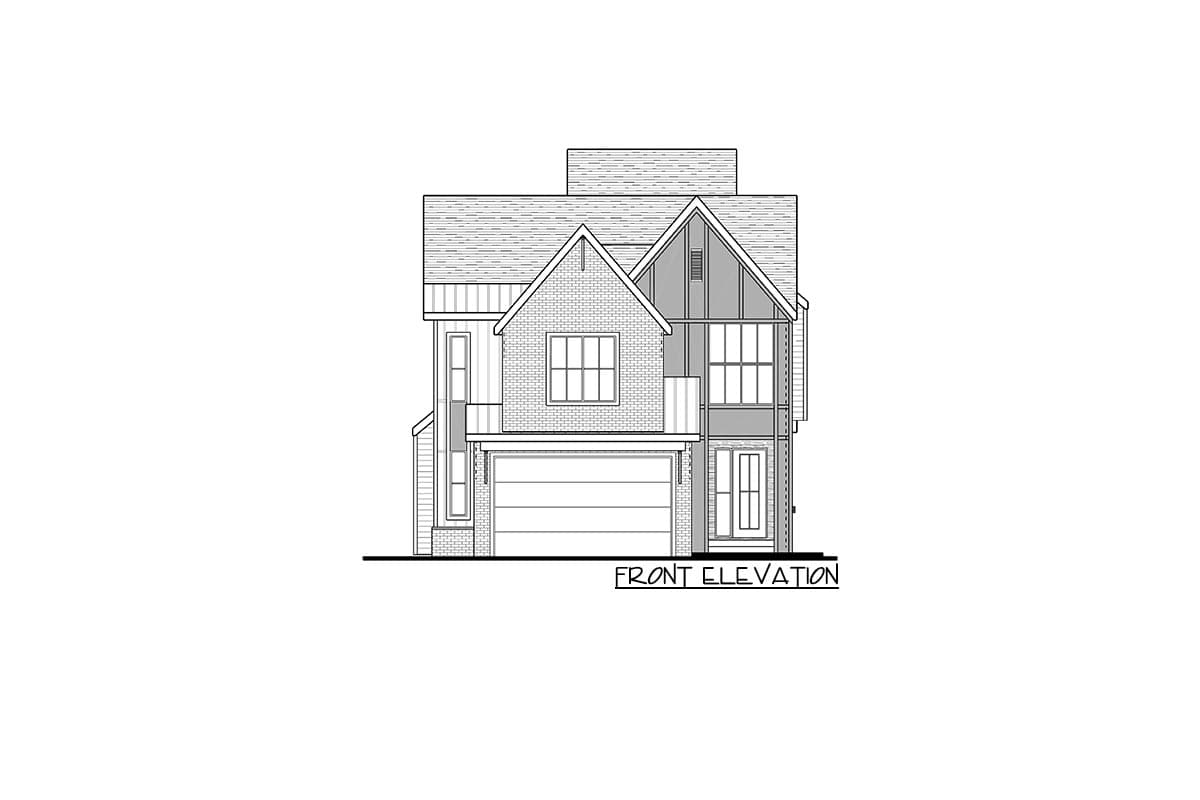 Front elevation drawing of a two-story house plan with a two-car garage, gable rooflines, and mixed exterior siding.